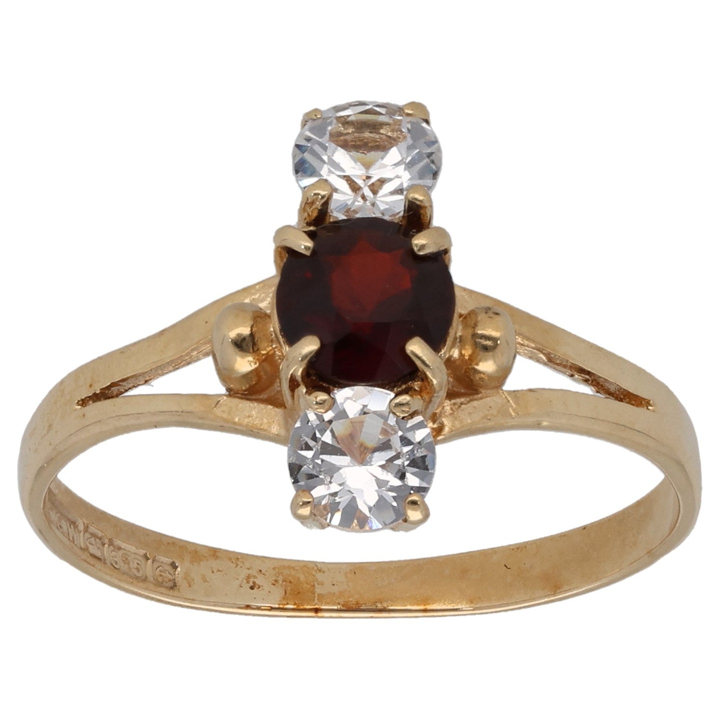 9ct Gold Garnet & Cubic Zirconia Trilogy Ring Size O