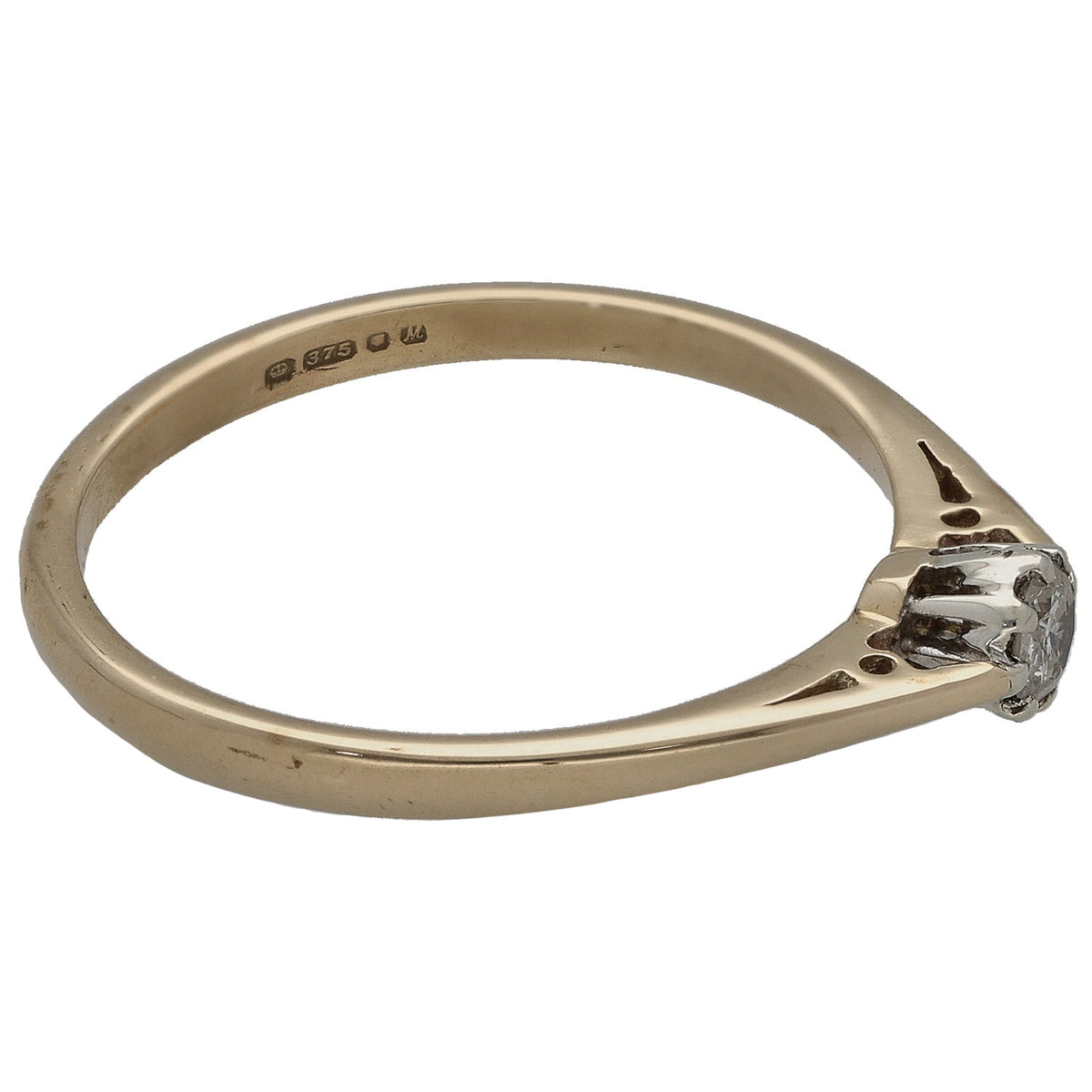 9ct yellow gold ring with round diamond set and '9ct' hallmark on band