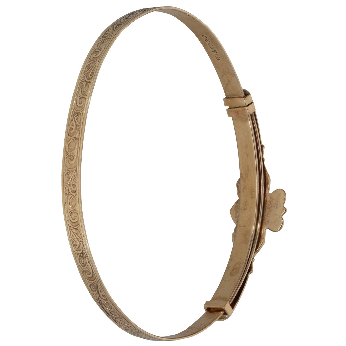 9ct gold expanding bangle with etched swirl pattern and hinged clasp