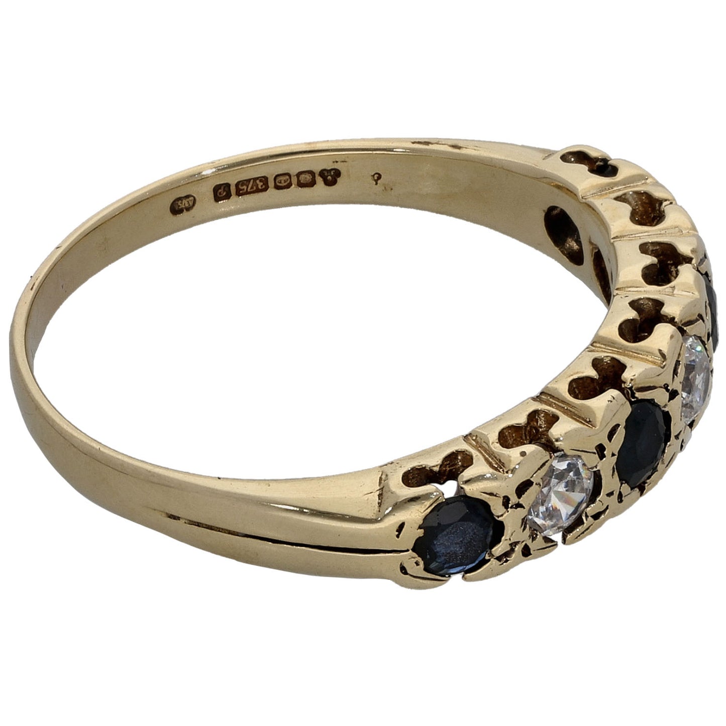 9ct Gold Sapphire & Cubic Zirconia Half Eternity Ring Size Q