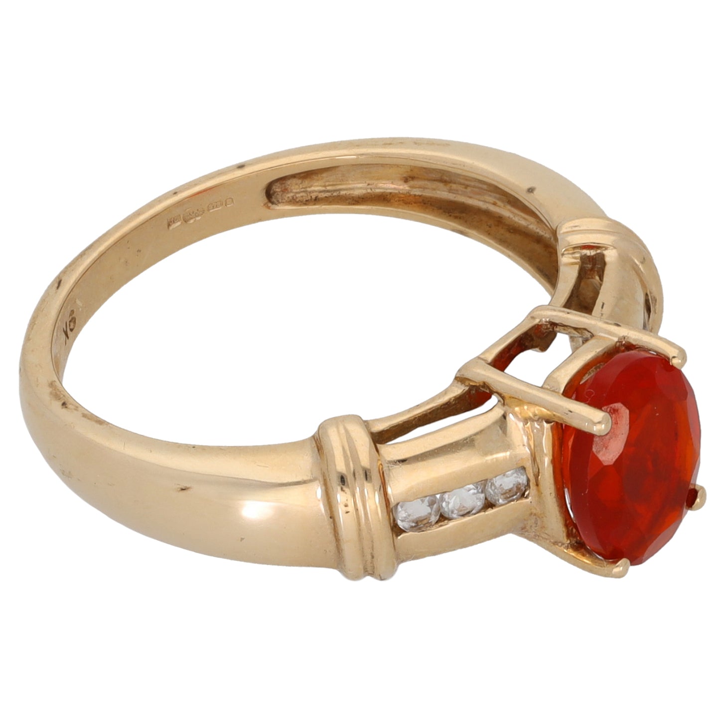 9ct Gold Fire Opal & Sapphire Single Stone Ring with Accent Stones Size O