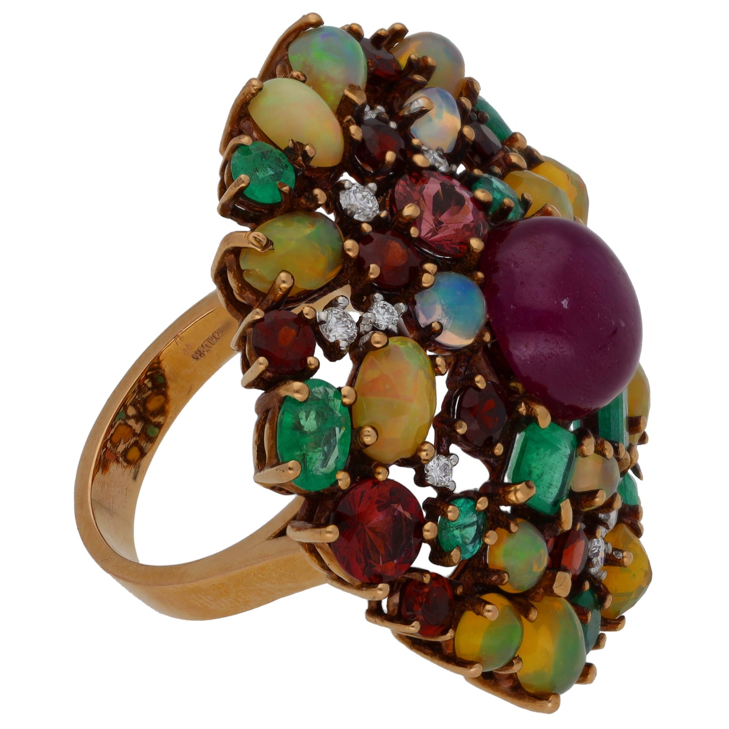 18ct Gold Ruby, Emerald, Opal, Tourmaline, Garnet & 0.24ct Diamond Cluster Ring Size L