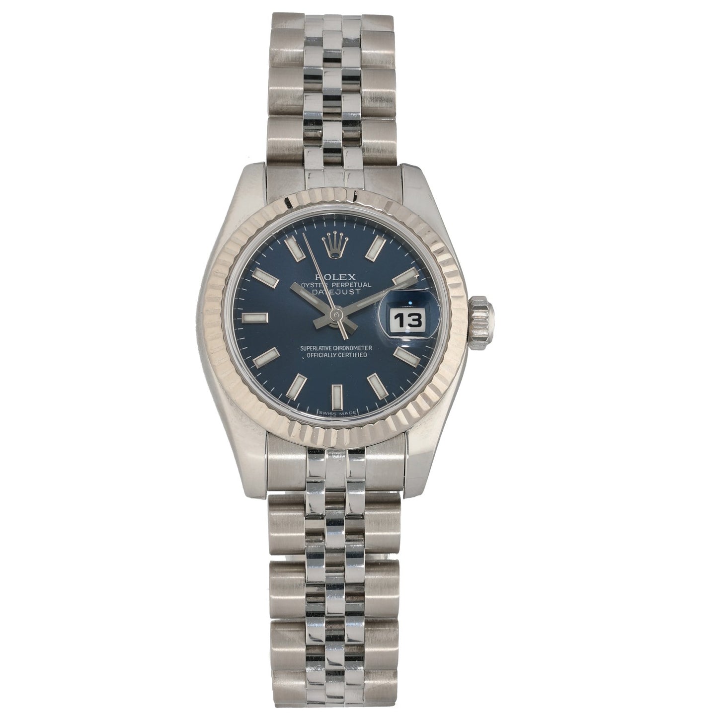 Rolex Datejust 179174 stainless steel watch with blue dial, date window, and jubilee bracelet