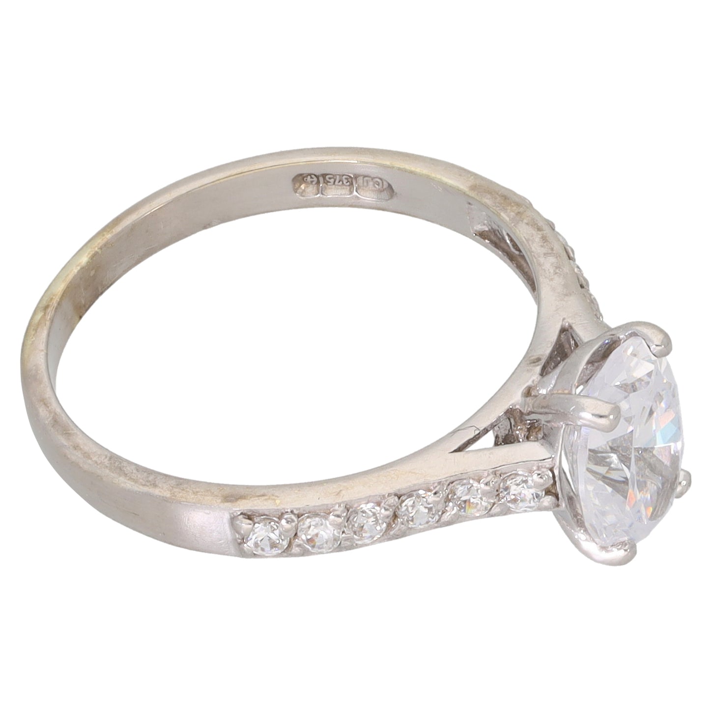 9ct White Gold Cubic Zirconia Single Stone Ring with Accent Stones Size L