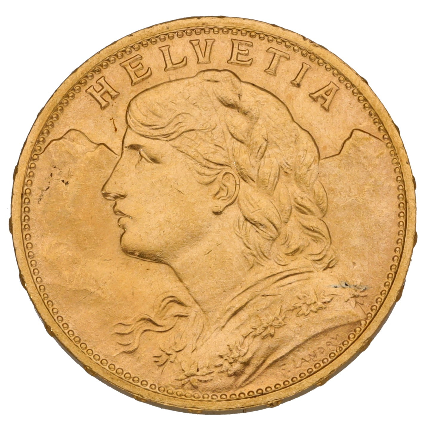 22ct Gold Helvetia Swiss 20 Francs Coin 1914