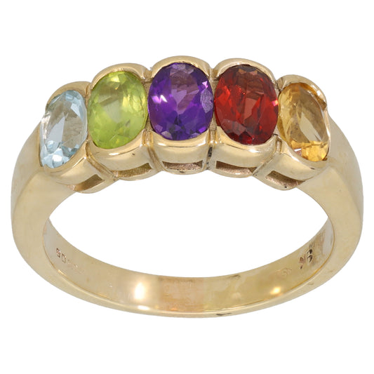 9ct Gold Topaz, Peridot, Citrine, Amethyst & Garnet Half Eternity Ring Size Q
