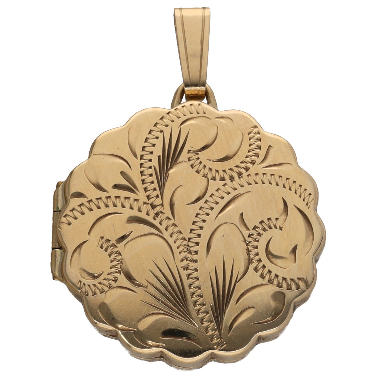 Gold locket pendant with engraved floral pattern and open bale bail