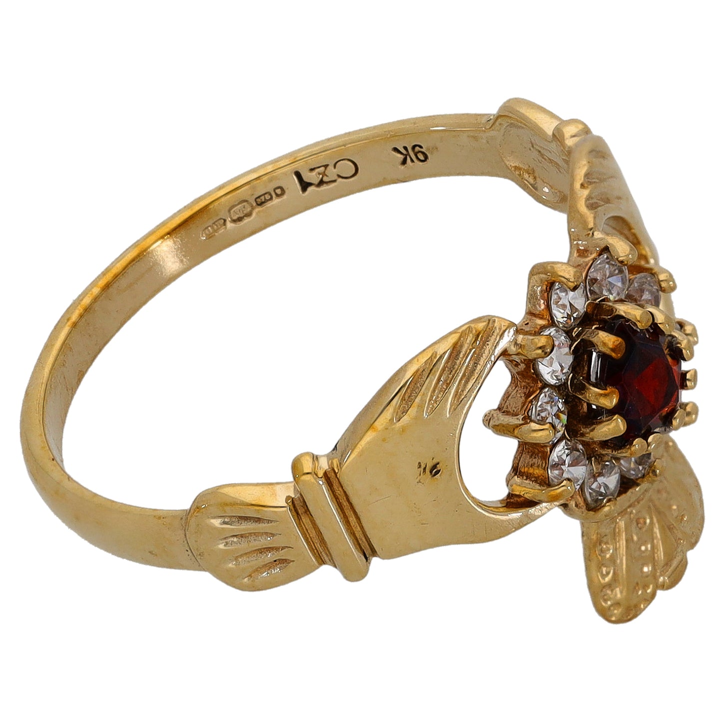9ct Gold Cubic Zirconia & Garnet Claddagh Ring Size Q