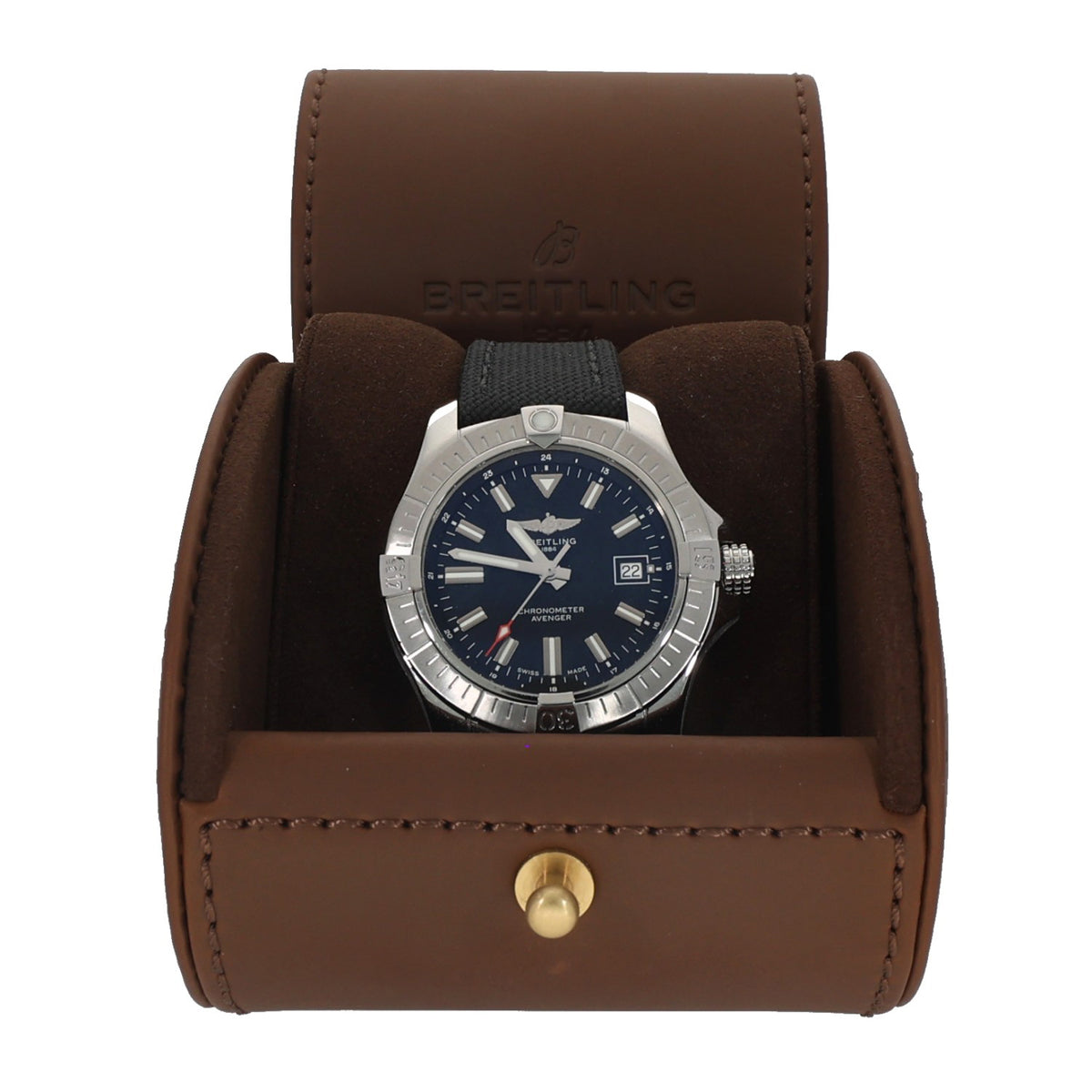Breitling Avenger A17318 stainless watch in brown leather roll, blue dial, black fabric strap