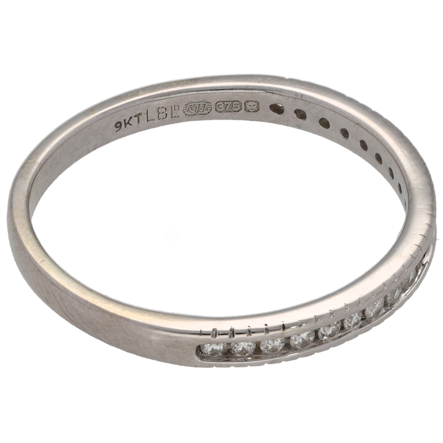 9ct white gold half eternity ring, hallmarked inside; round diamond row on band