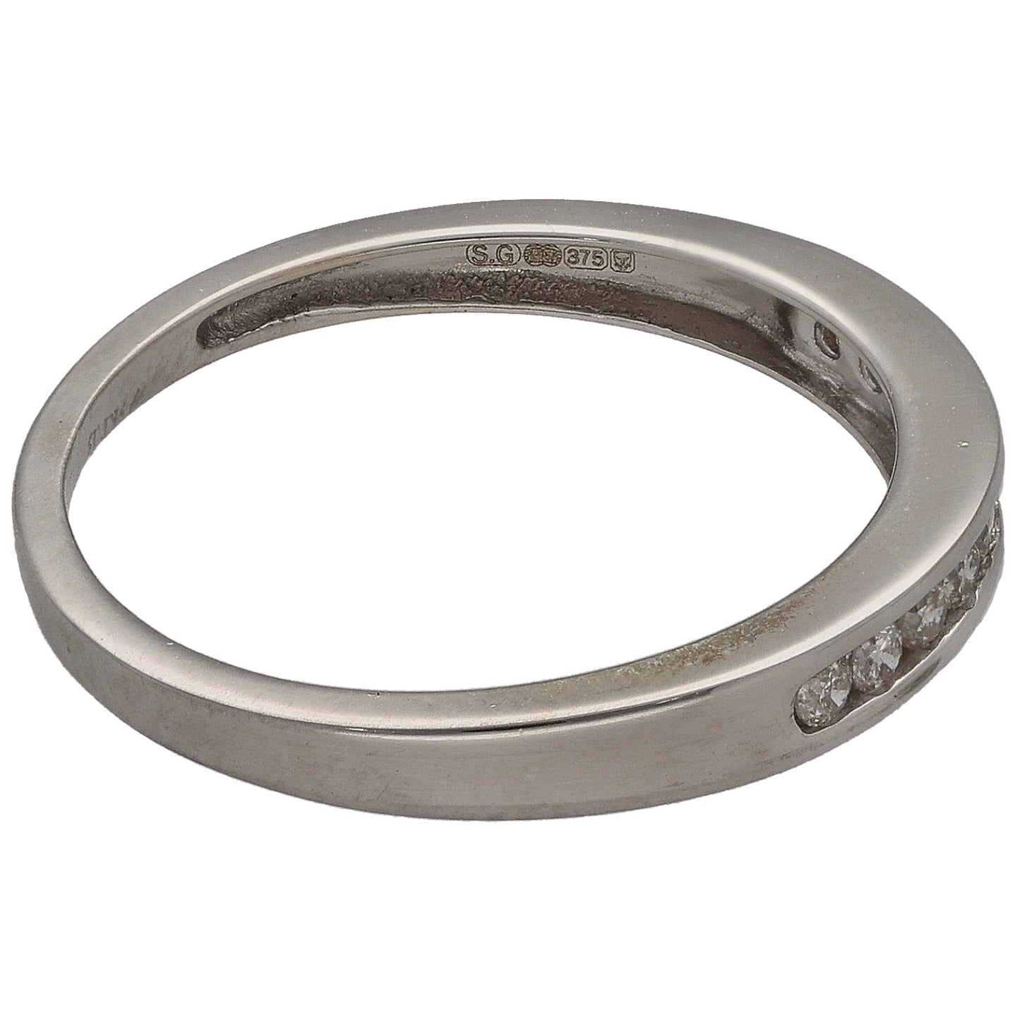 9ct white gold half eternity ring side view with round diamond setting and hallmarks