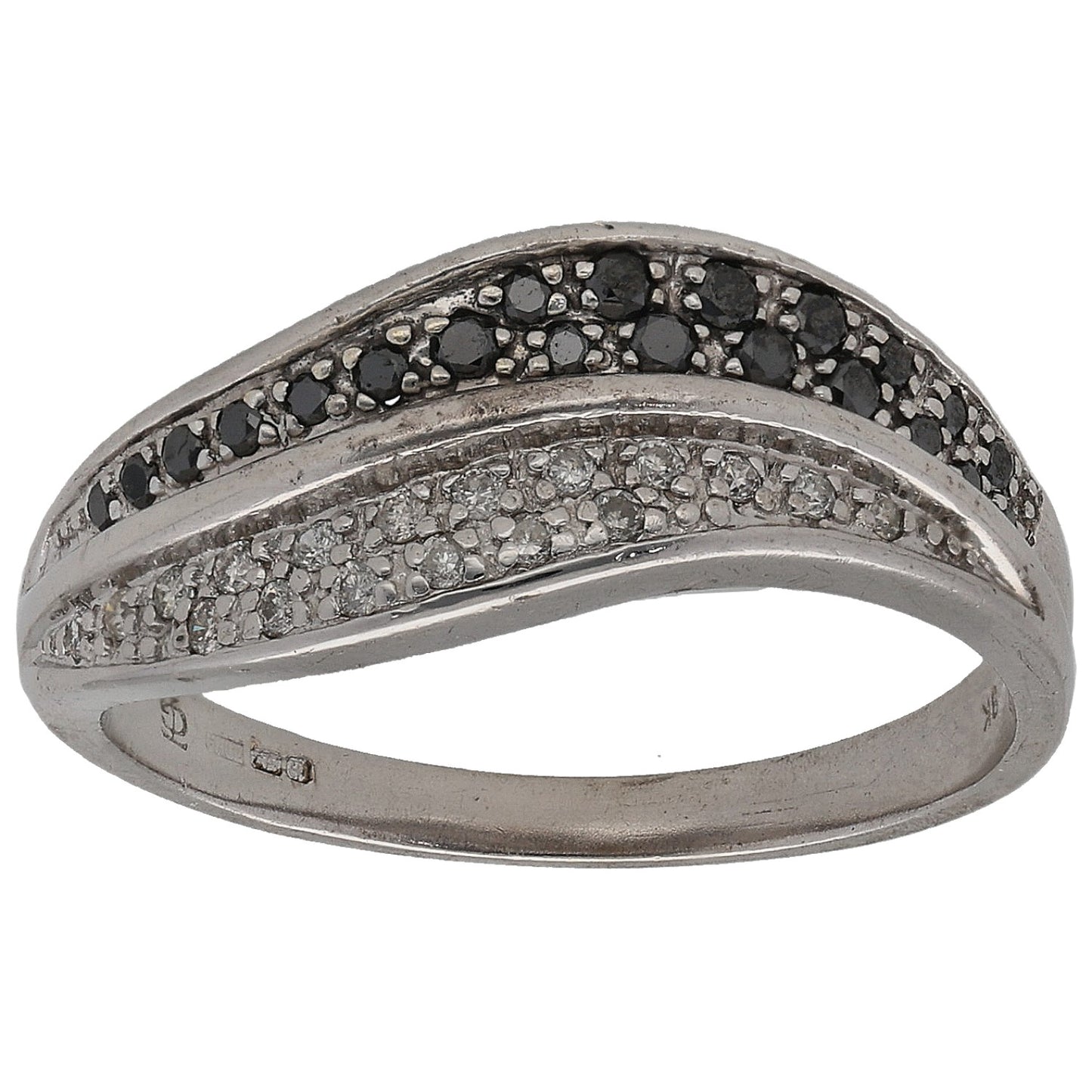 White gold half eternity ring with dark and clear round diamonds, size O