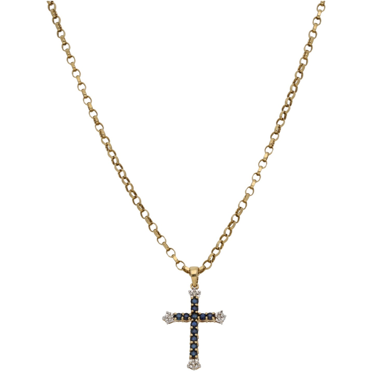9ct Gold Sapphire & 0.02ct Diamond Cross Pendant With Chain