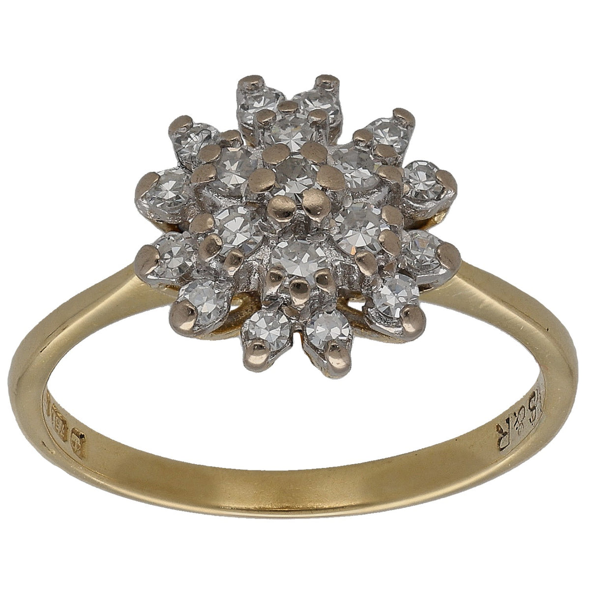 18ct gold ring with round diamond cluster, four-prong setting and polished band