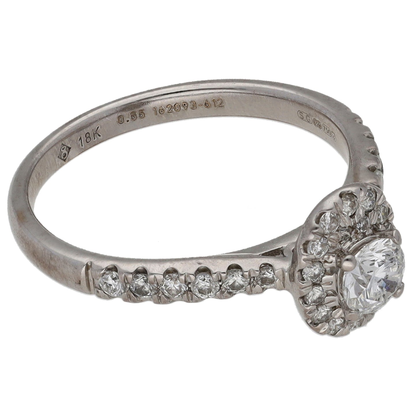 18ct White Gold 0.55ct Diamond Halo Ring Size L