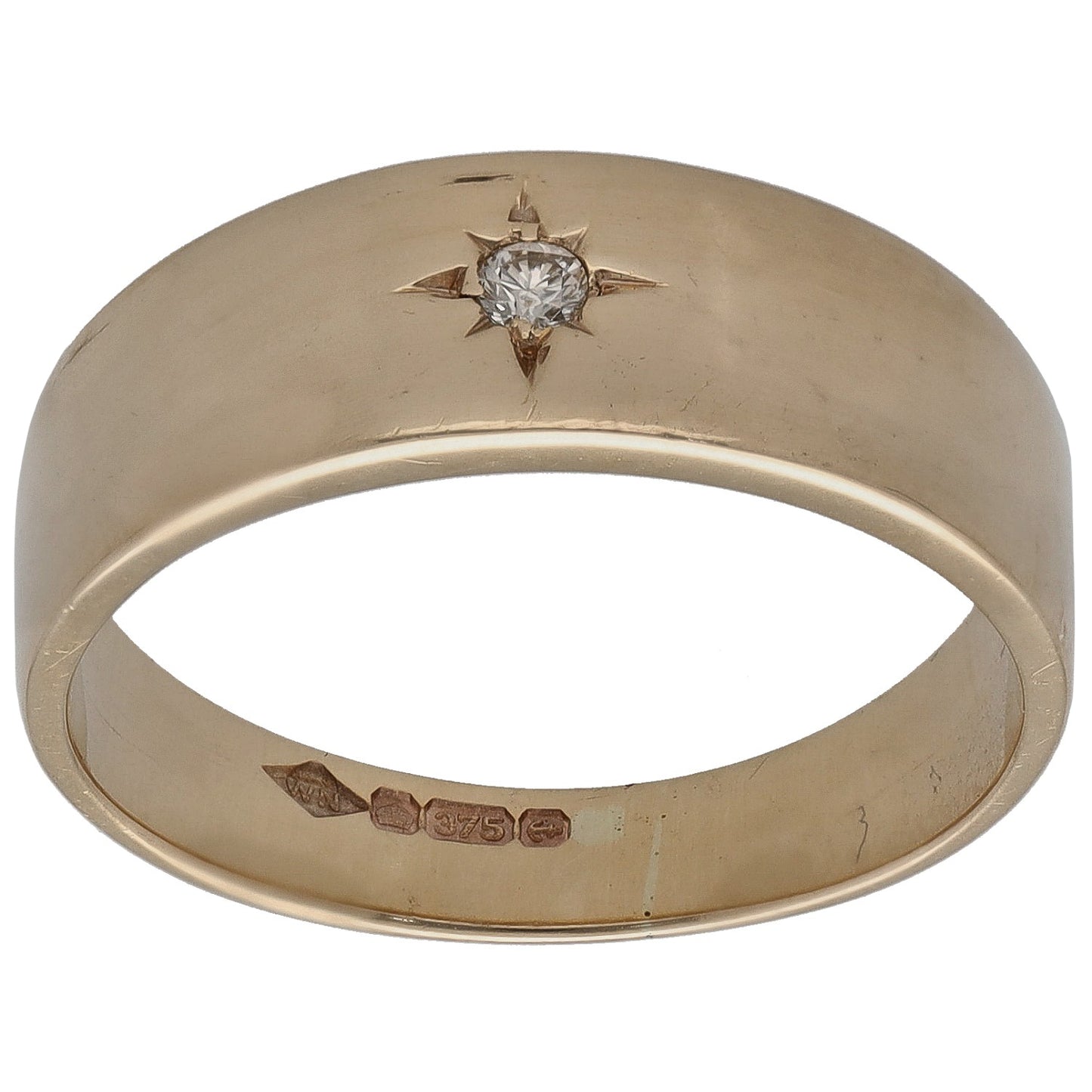 9ct gold solitaire ring with round diamond set on top; inside hallmark visible