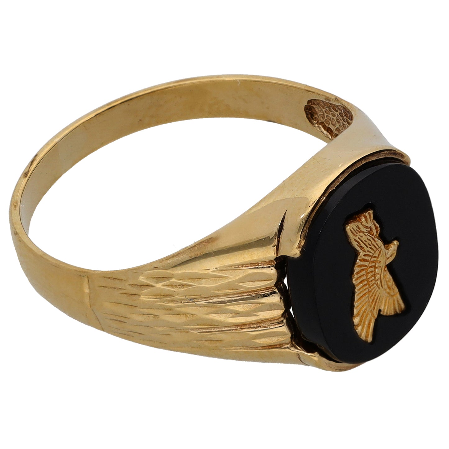 9ct Gold Onyx Single Stone Crest/Emblem Signet Ring Size U