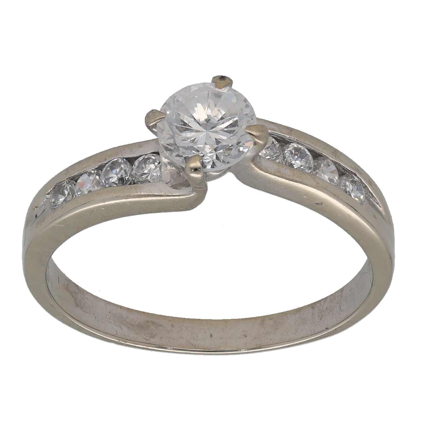 9ct White Gold Cubic Zirconia Single Stone Ring with Accent Stones Size P