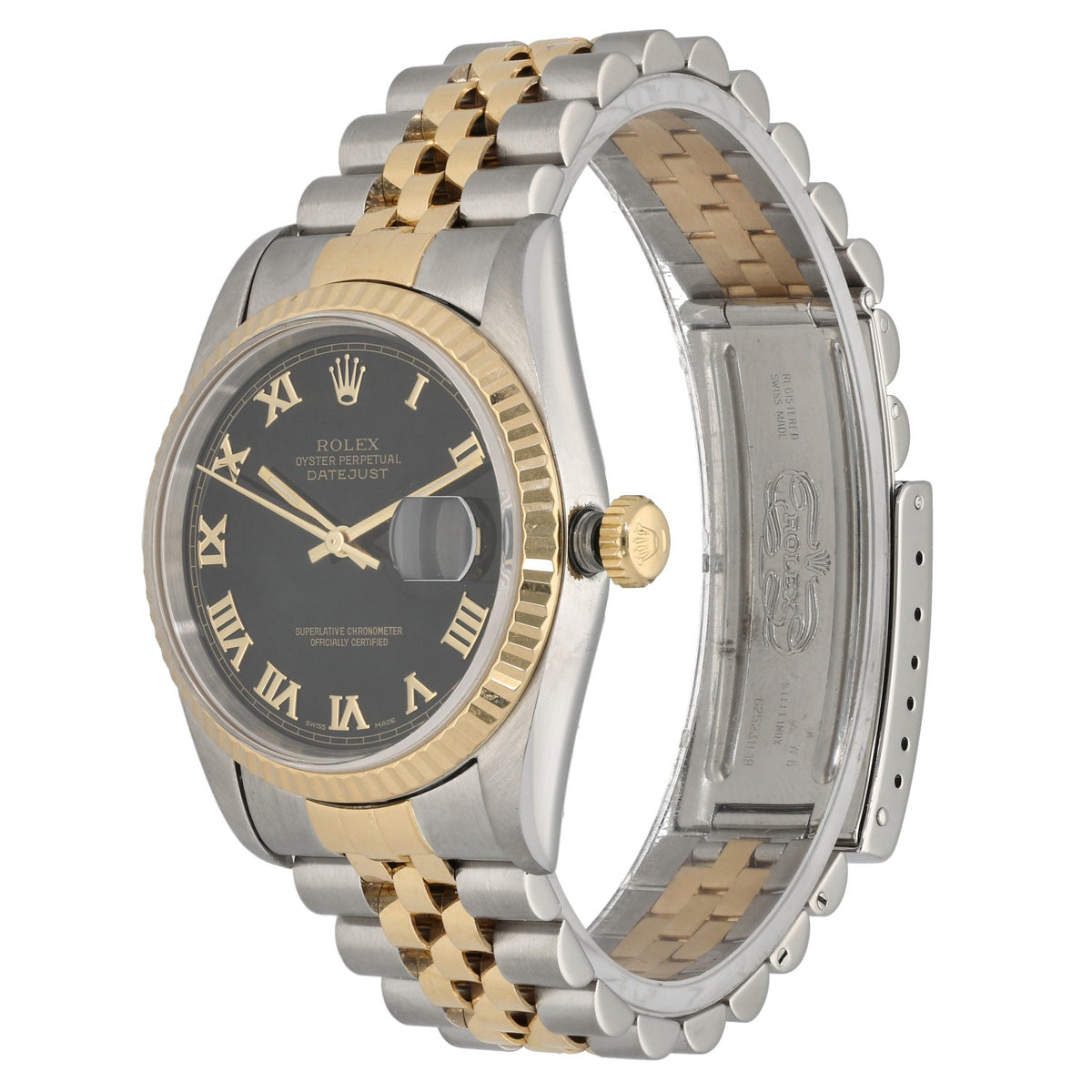 Rolex Datejust 16233, black dial in bi-colour stainless steel and gold case and bracelet, front angle image