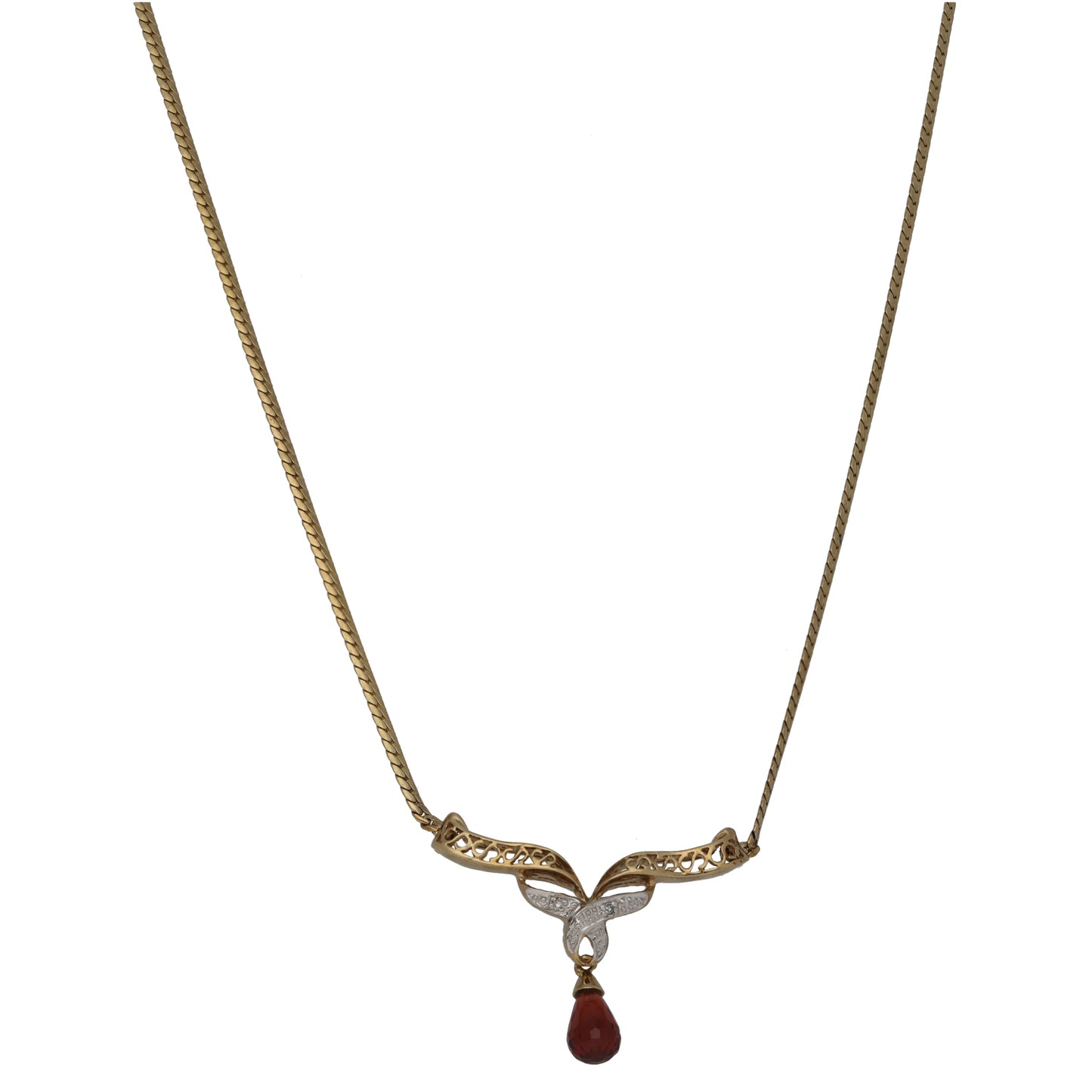 9ct Gold Garnet & 0.01ct Diamond Fancy Necklace 14"