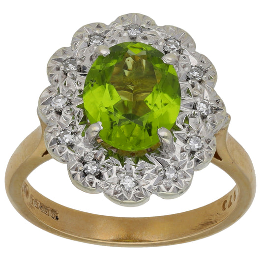 9ct Gold Peridot & 0.12ct Diamond Dress/Cocktail Ring Size P