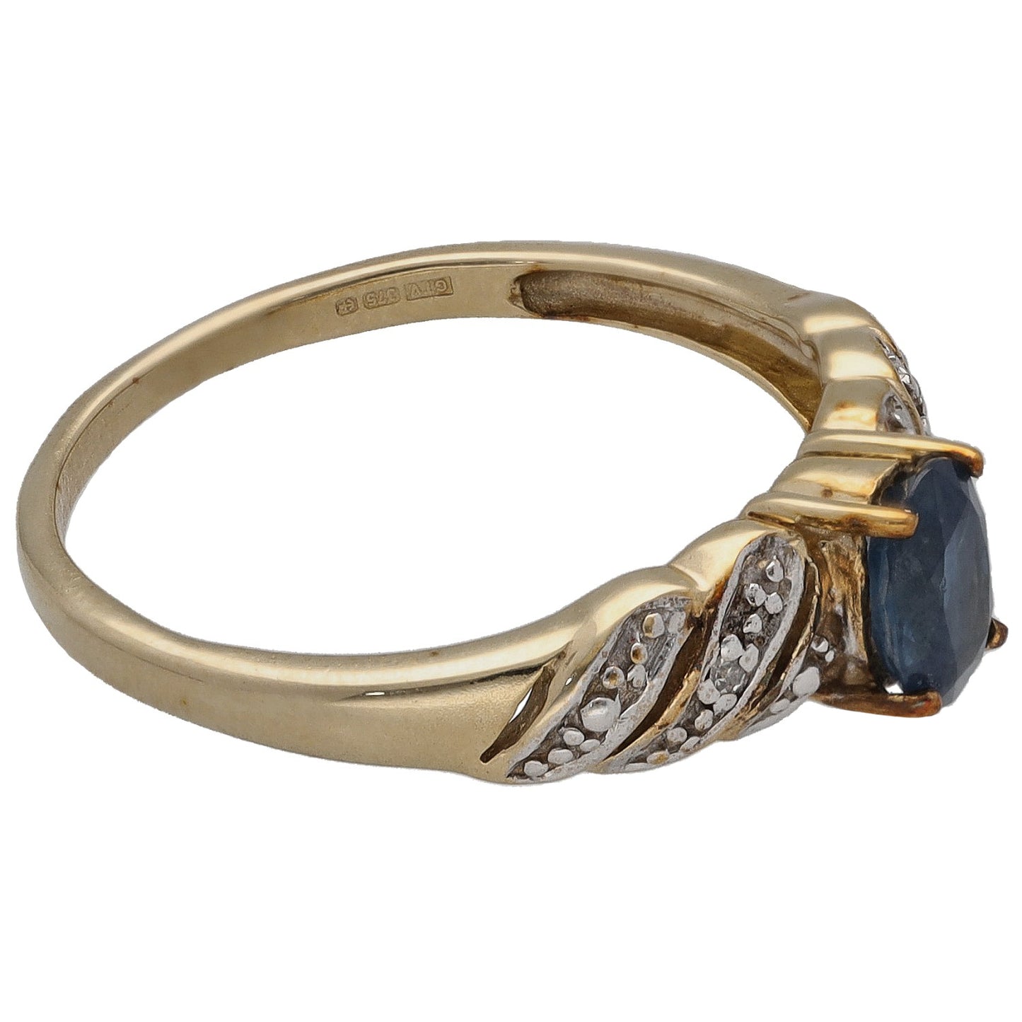 9ct gold sapphire and diamond dress ring, side view
