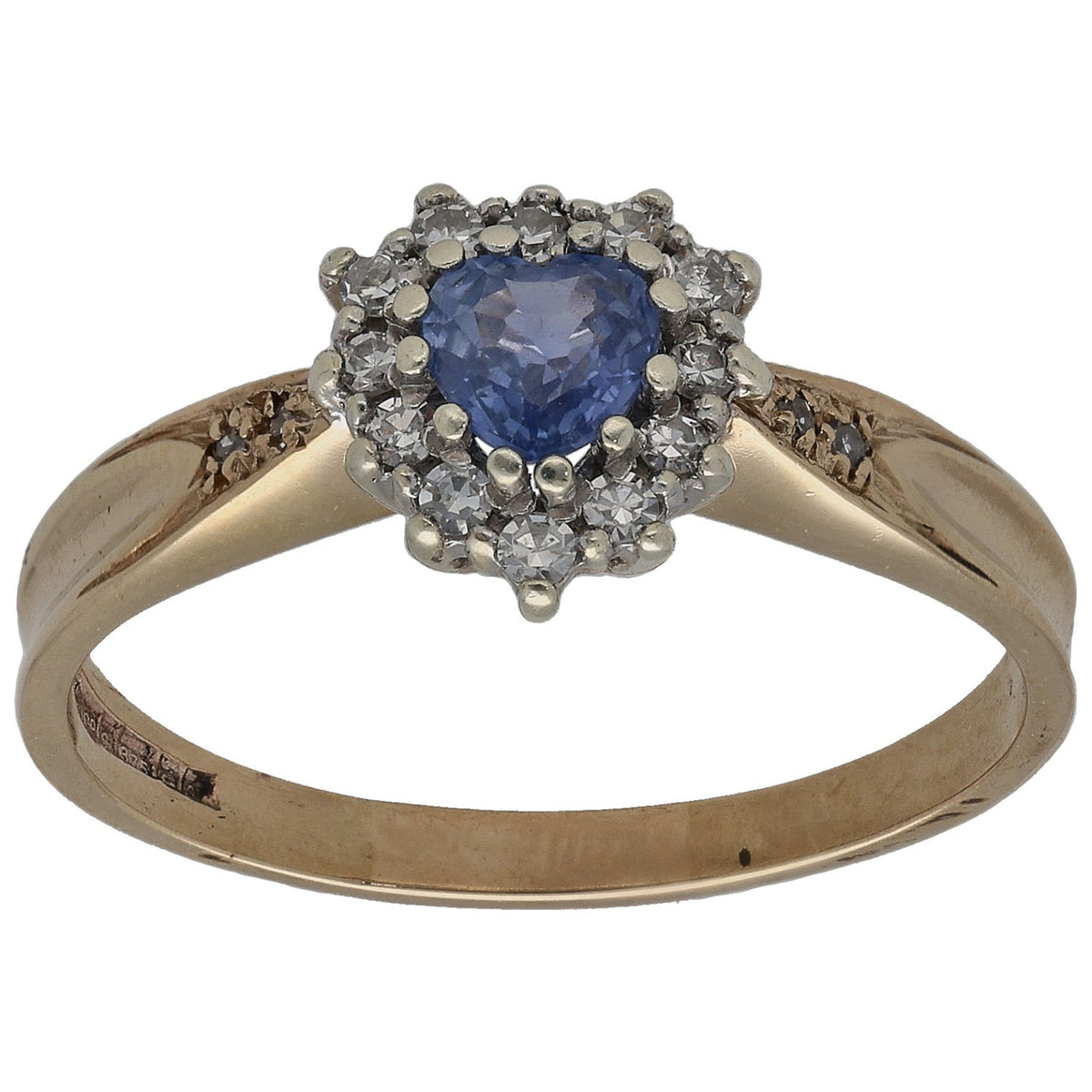 9ct gold ring with round sapphire center and diamond halo