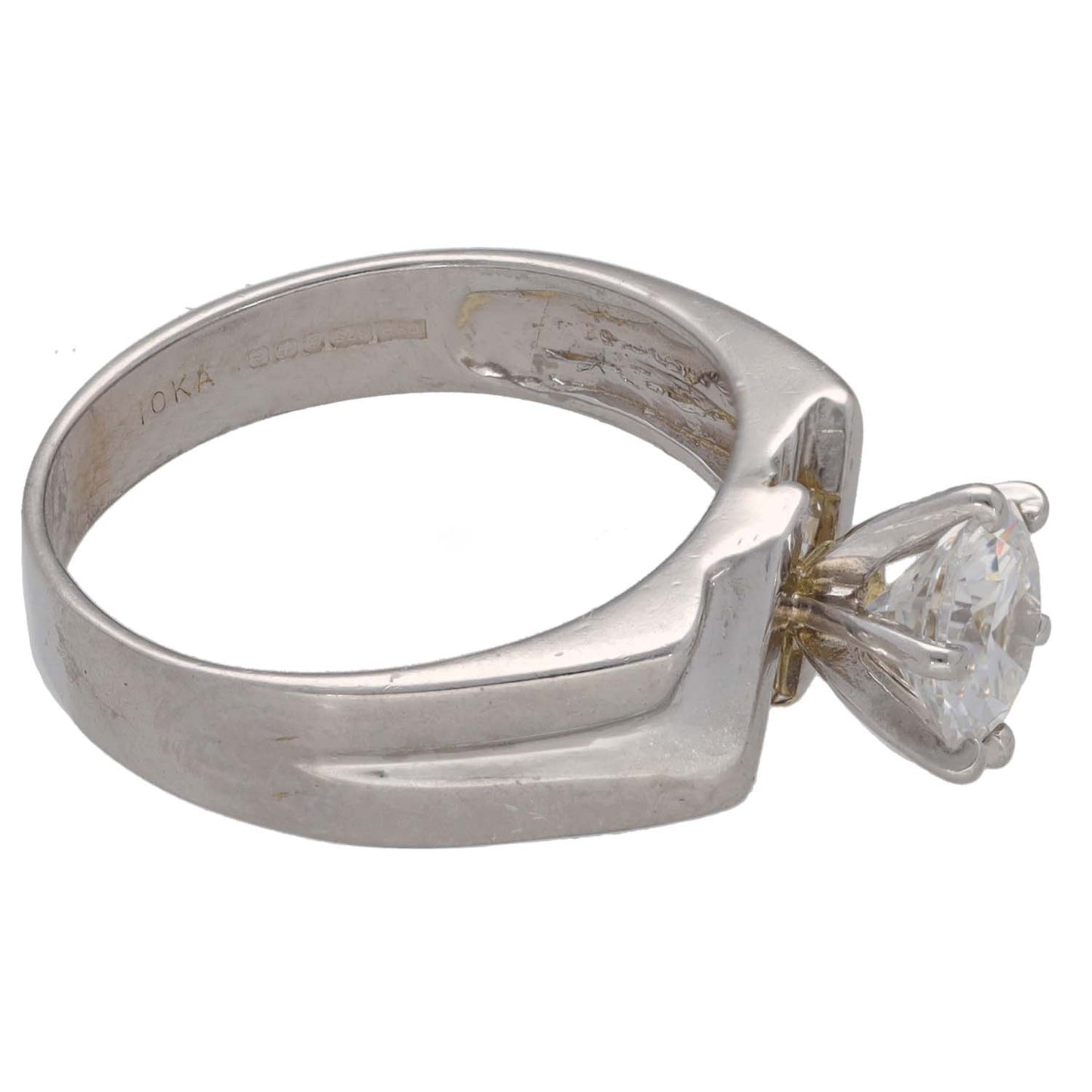 9ct white gold ring with round clear CZ side profile and raised prong band