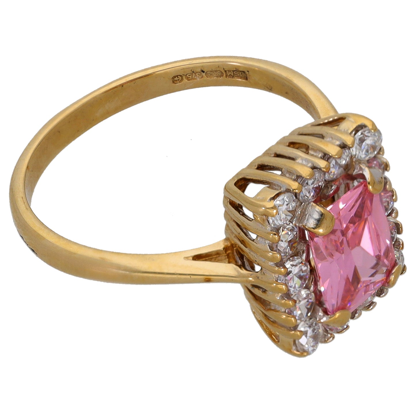 9ct gold CZ cocktail ring, size O, pink oval center with clear stone halo
