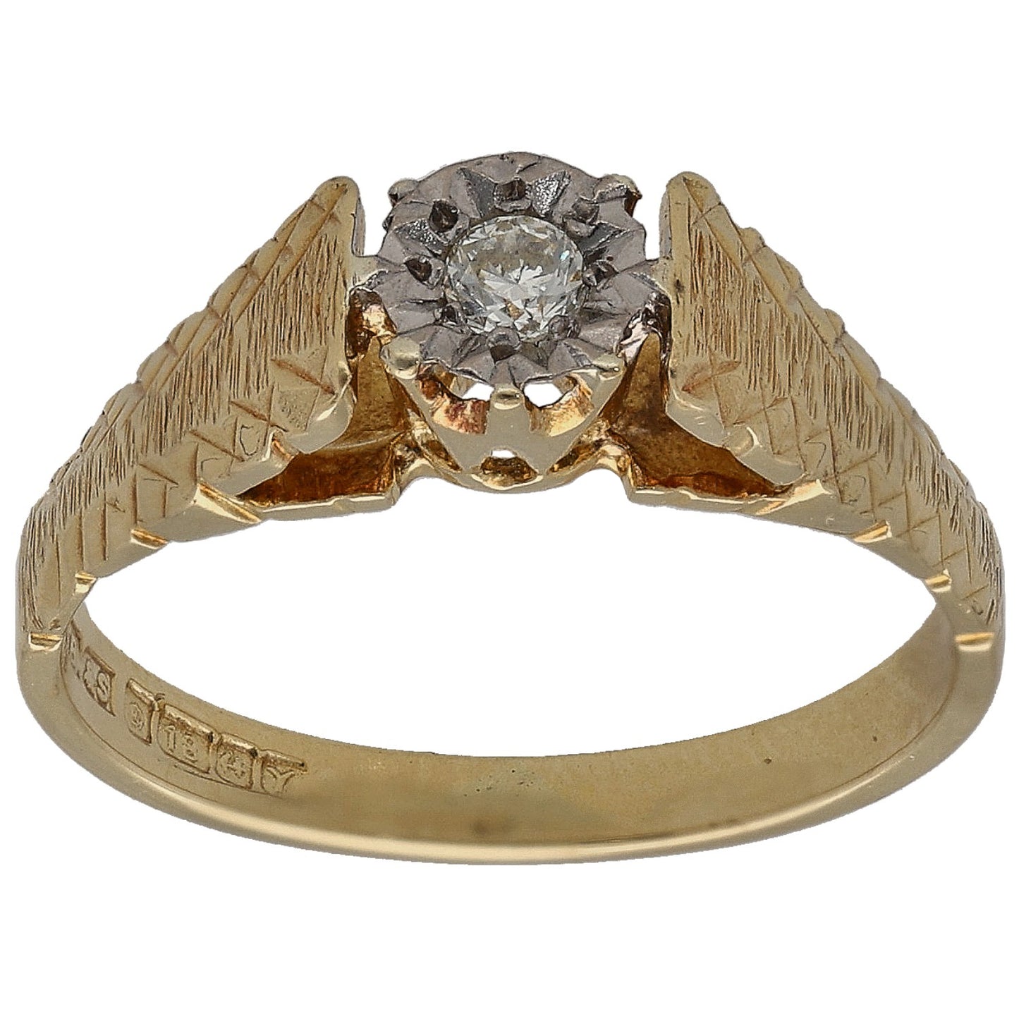 Bicolour gold solitaire ring with round diamond center and textured split shoulders