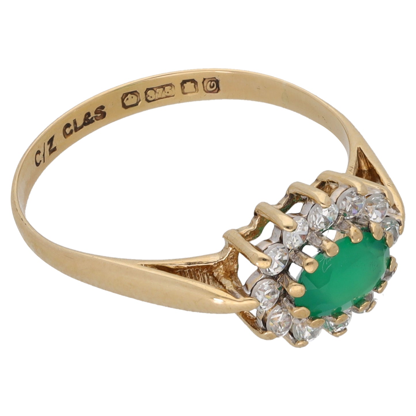 9ct Gold Green Agate & Cubic Zirconia Dress/Cocktail Ring Size M