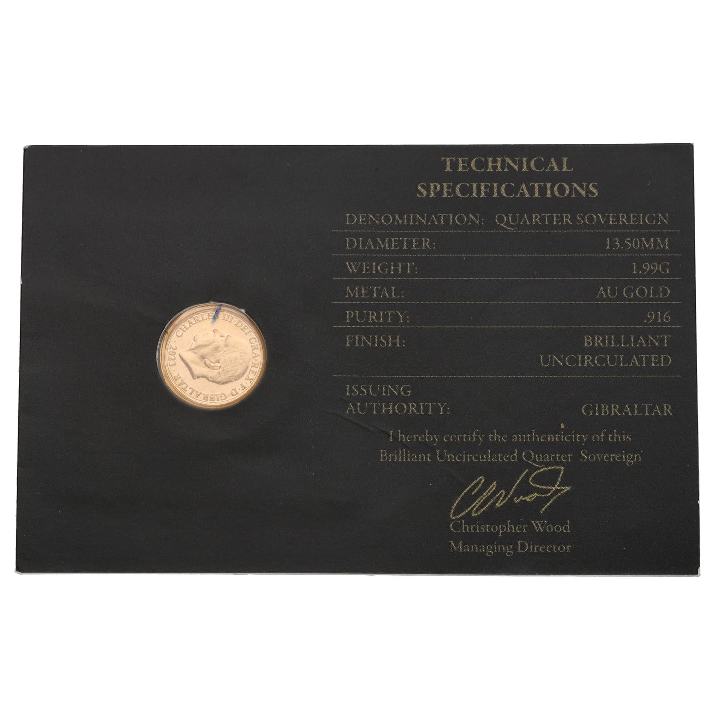 22ct Gold King Charles III Quarter Sovereign Coin 2023