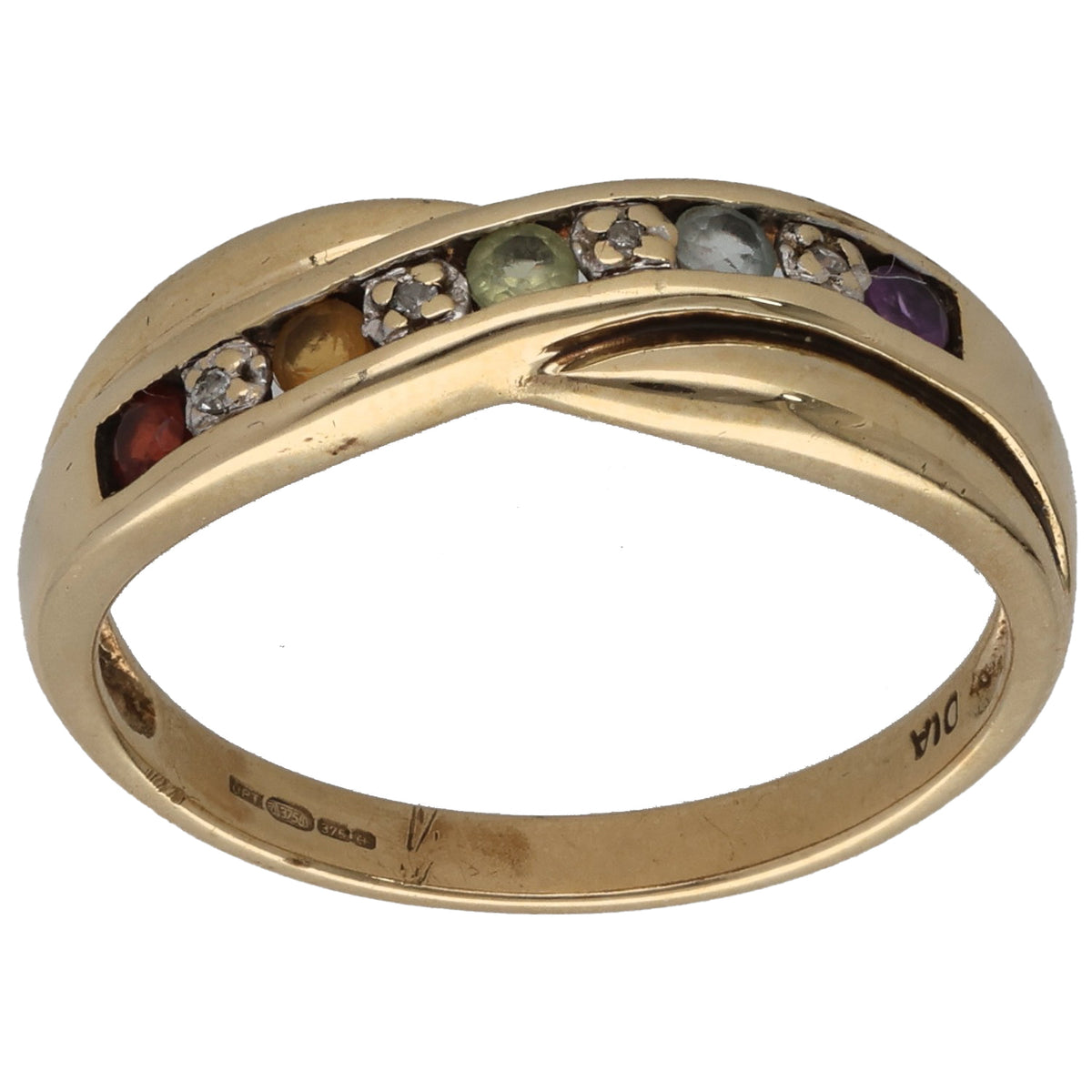 9ct Gold Amethyst, Topaz, Peridot , Citrine, Garnet & 0.005ct Diamond Half Eternity Ring Size N
