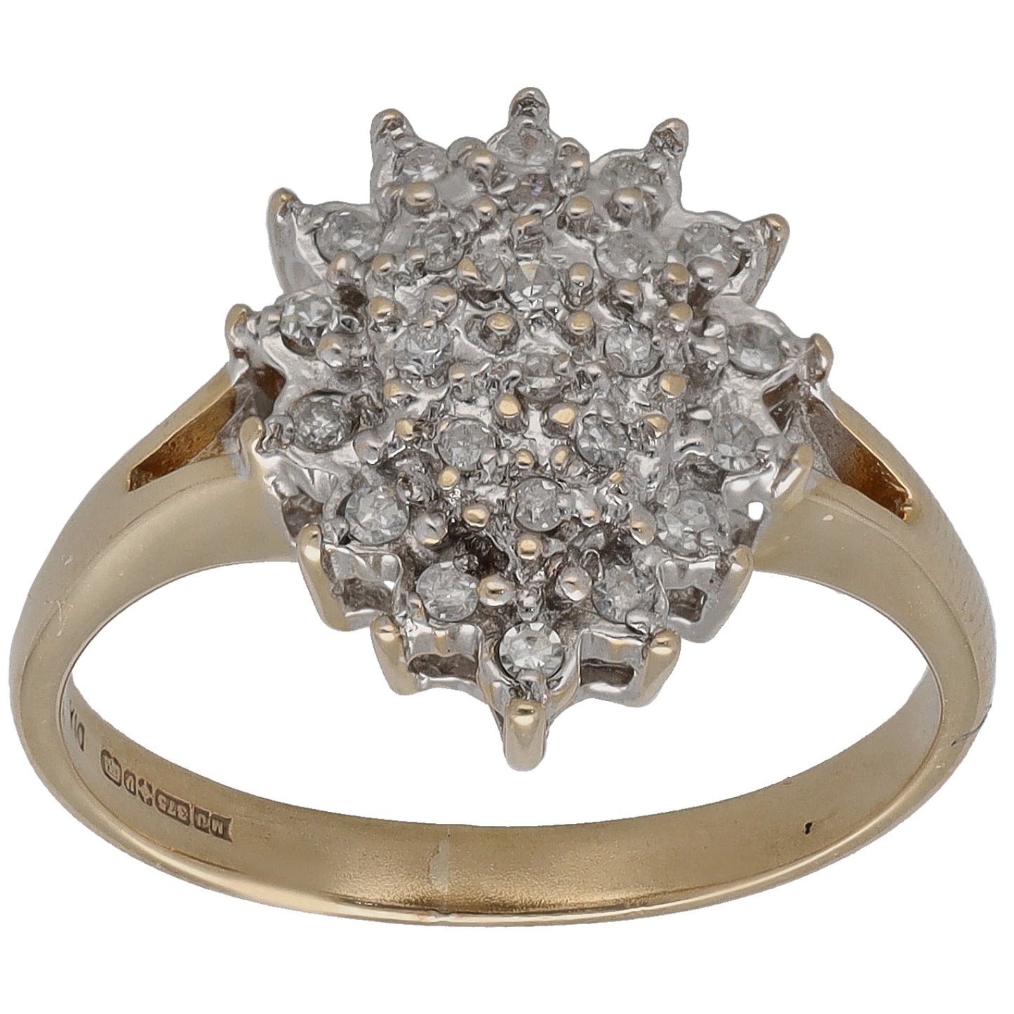 Gold diamond cluster ring, round stone cluster on a slim band, size L