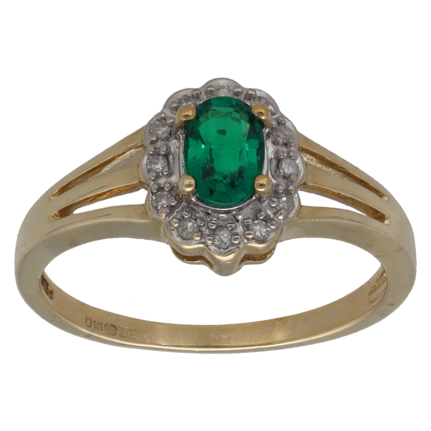 9ct Gold Man Made Emerald & 0.12ct Diamond Dress/Cocktail Ring Size P