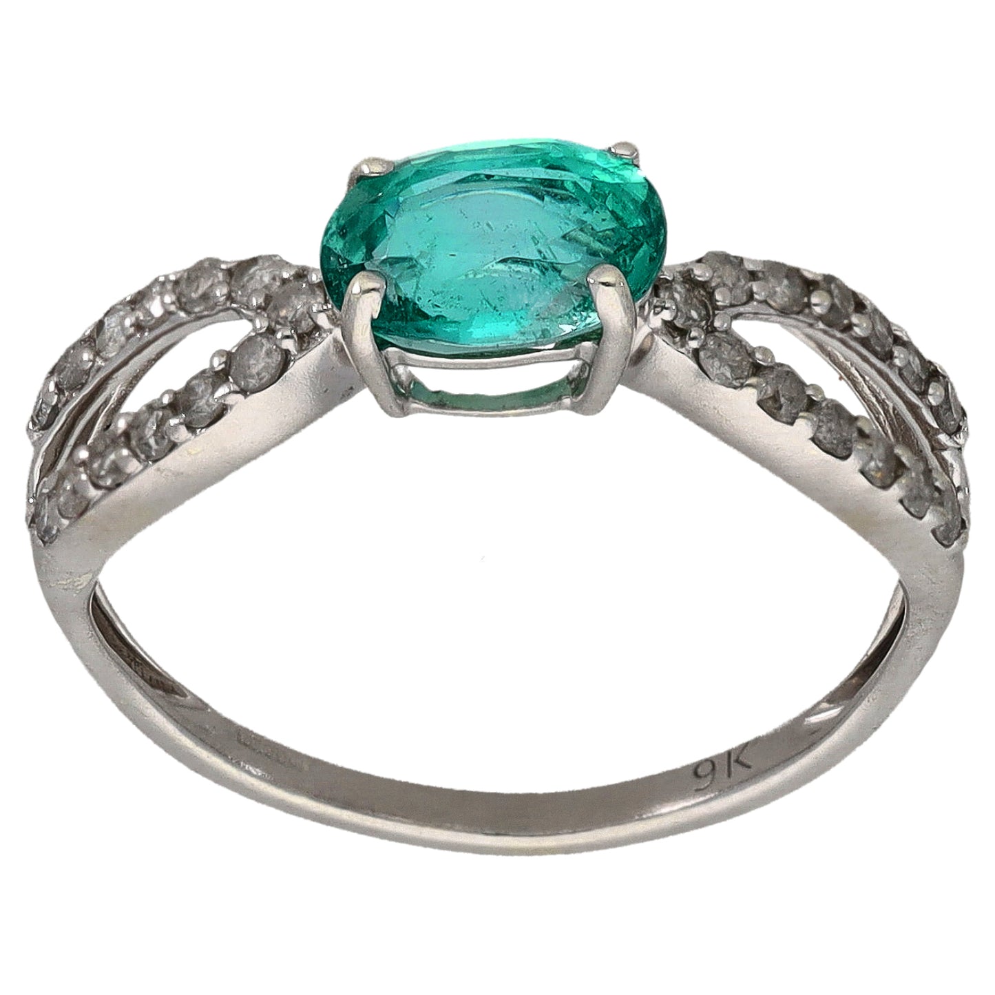 9ct White Gold Emerald & 0.26ct Diamond Dress/Cocktail Ring Size M