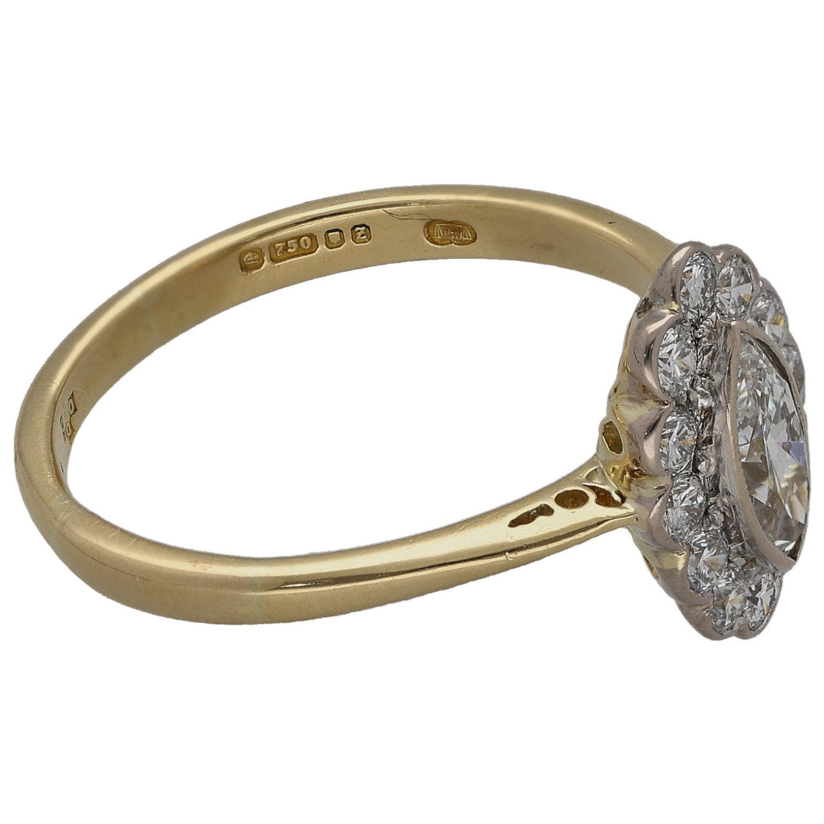18ct gold marquise and round diamond cluster ring, side view