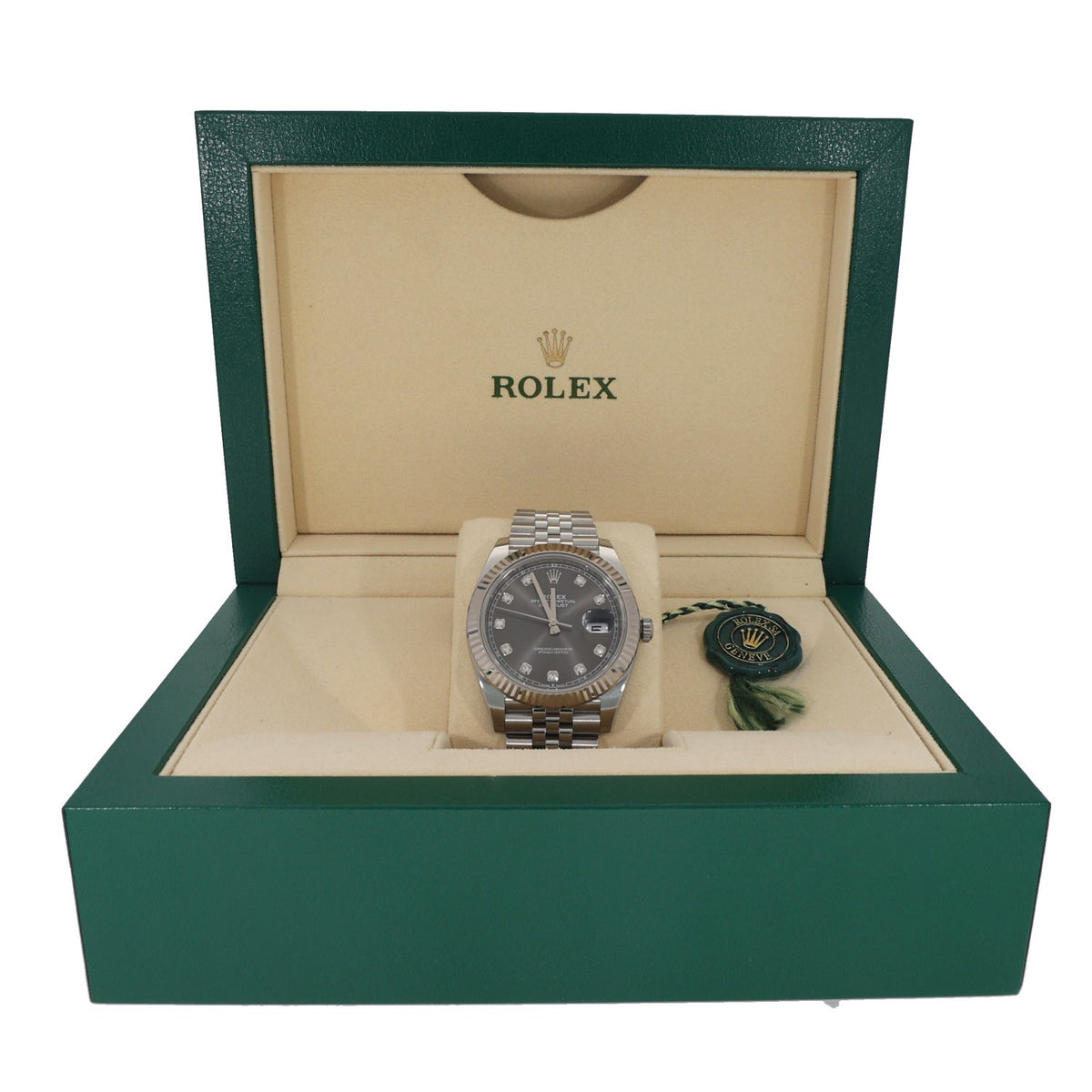 Rolex Datejust 41 126334, grey dial, fluted bezel on Jubilee bracelet, in green Rolex box