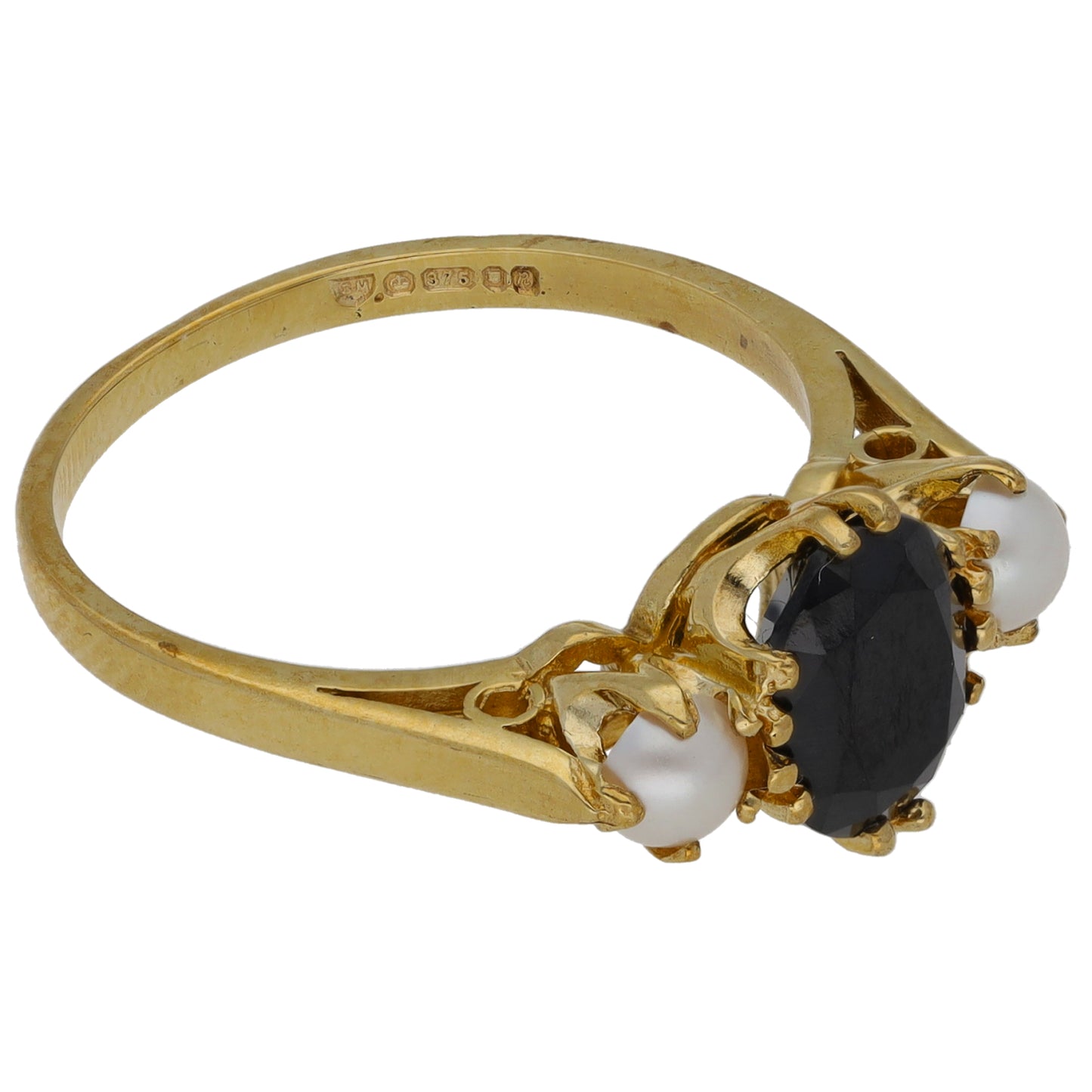 9ct Gold Sapphire & Cultured Pearl Three Stone Ring Size O