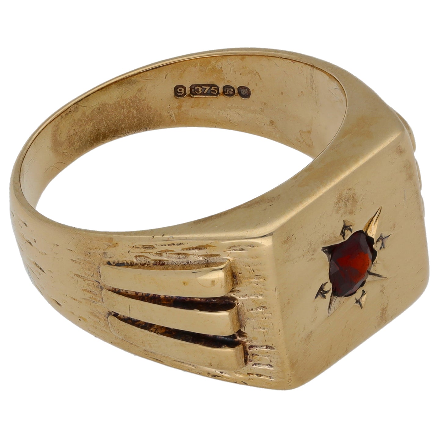 9ct Gold Garnet Patterned Single Stone Signet Ring Size U