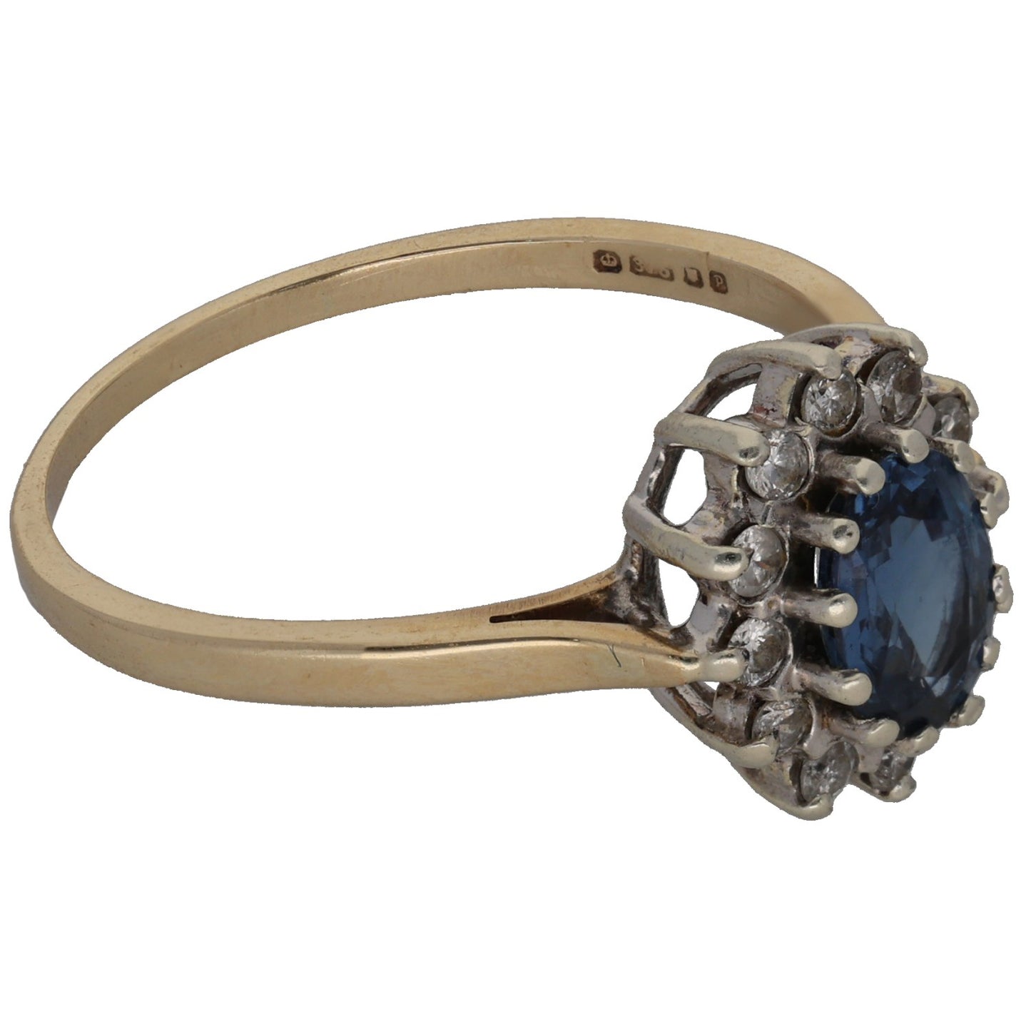 9ct Gold Sapphire & 0.12ct Diamond Cluster Ring Size Q