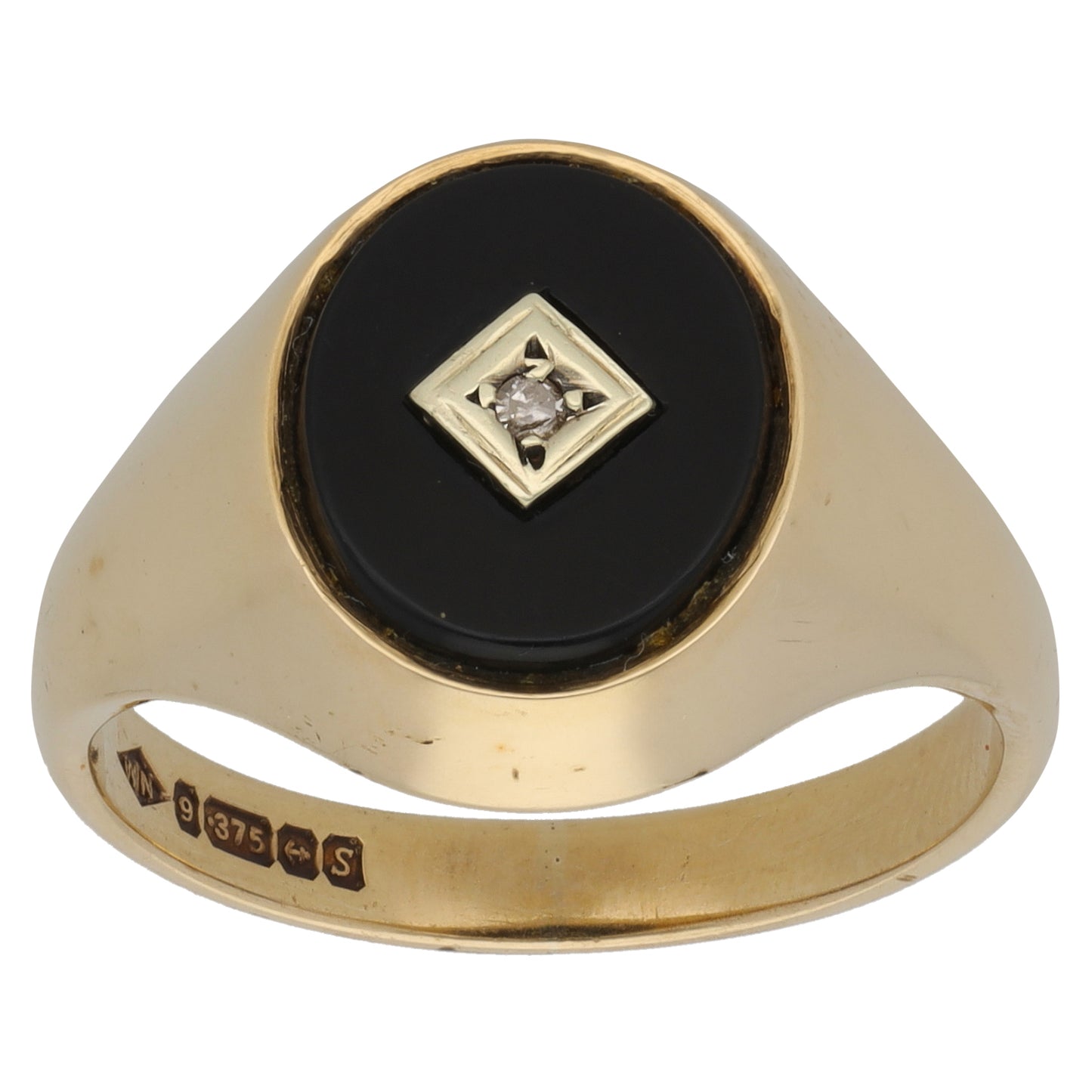 9ct Gold Onyx & 0.01ct Diamond Patterned Signet Ring Size S