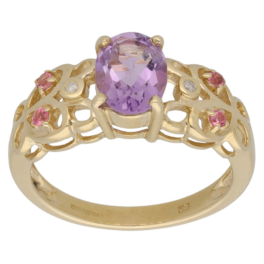 9ct Gold Amethyst, Tourmaline & 0.02ct Diamond Dress/Cocktail Ring Size M