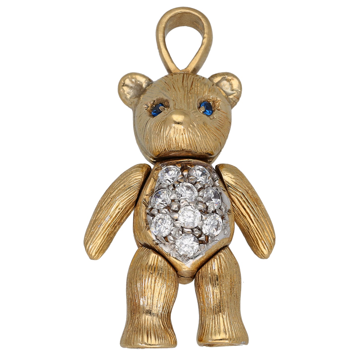 Gold-tone character pendant: bear-clown with blue eyes and heart crystal chest.