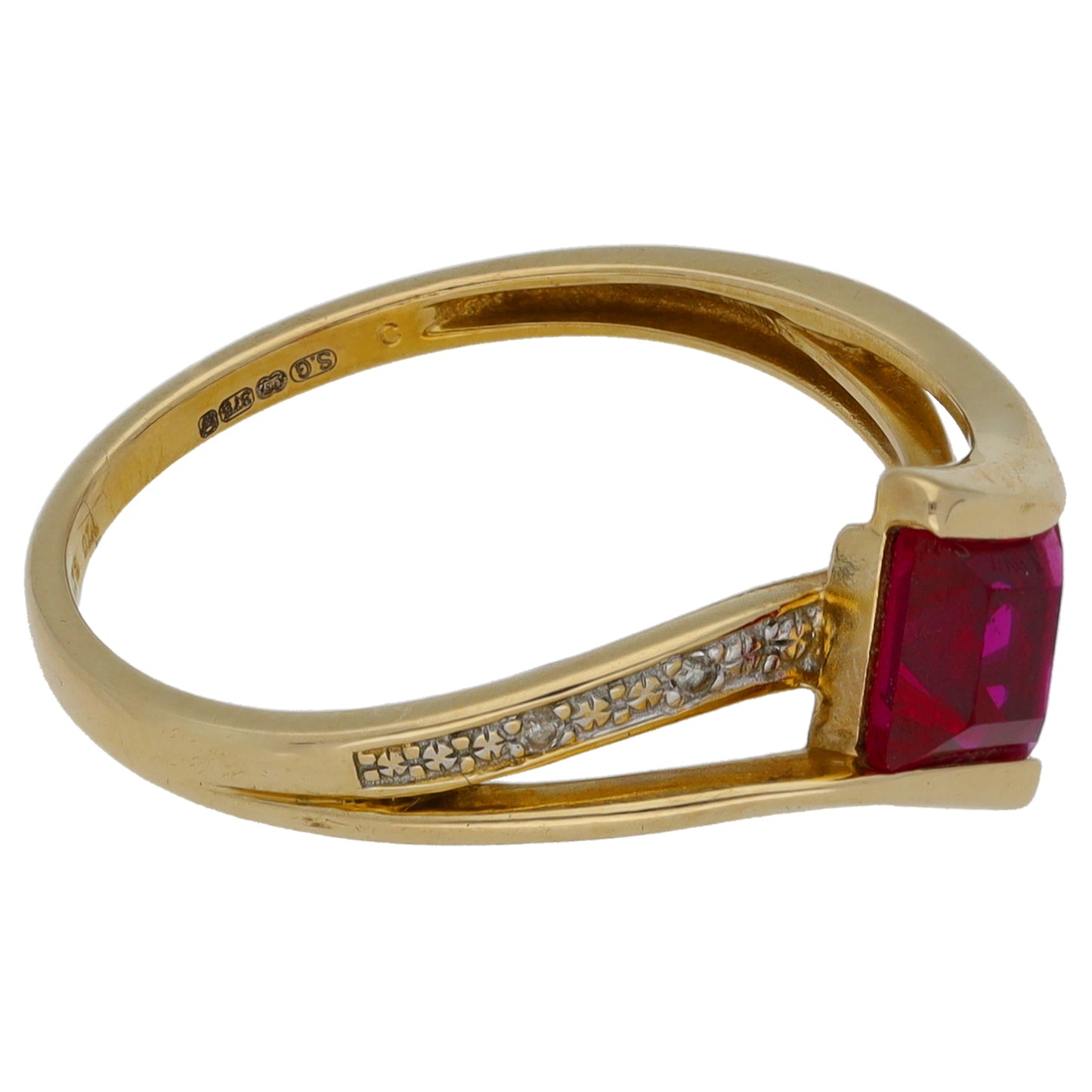 9ct Gold 0.02ct Diamond & Man Made Ruby Dress/Cocktail Ring Size M