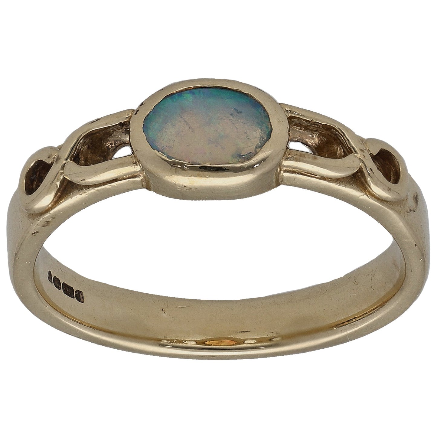 Gold oval opal single-stone ring with raised bezel setting and polished band