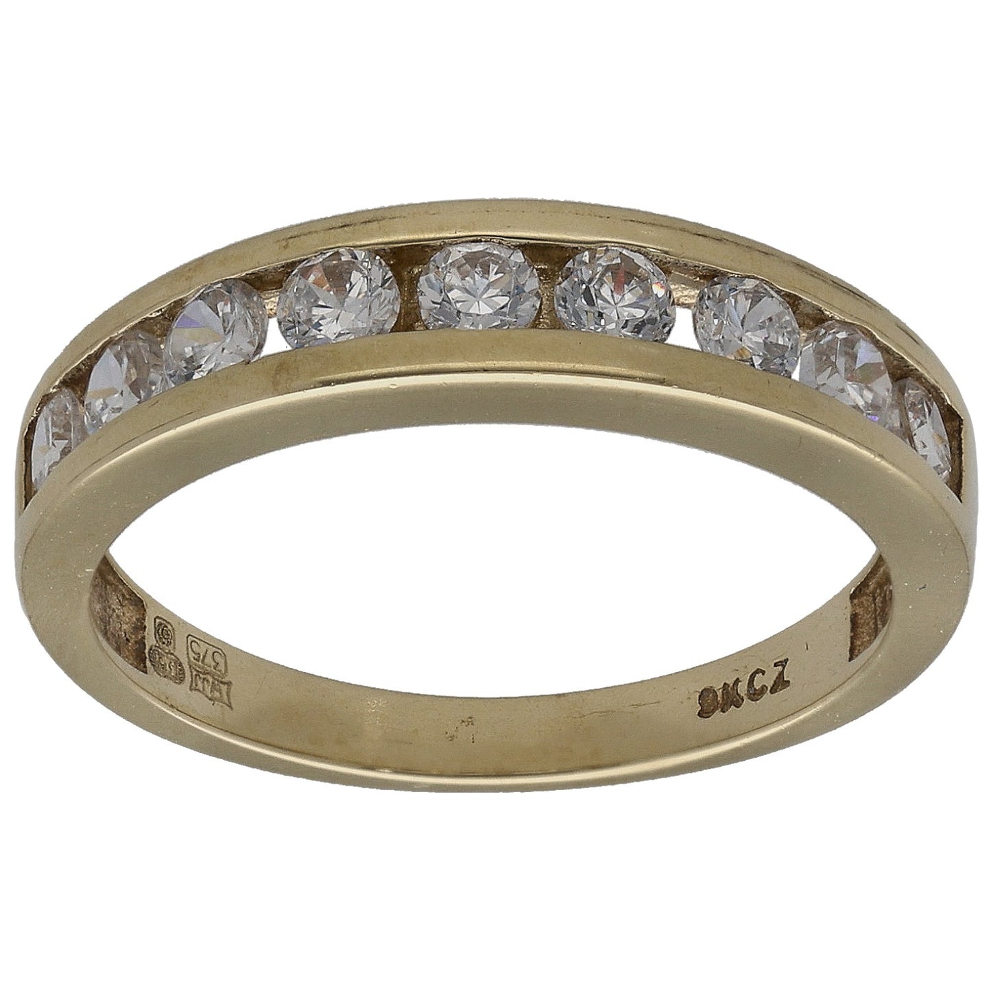 9ct gold half eternity ring with clear CZ stones along the top half