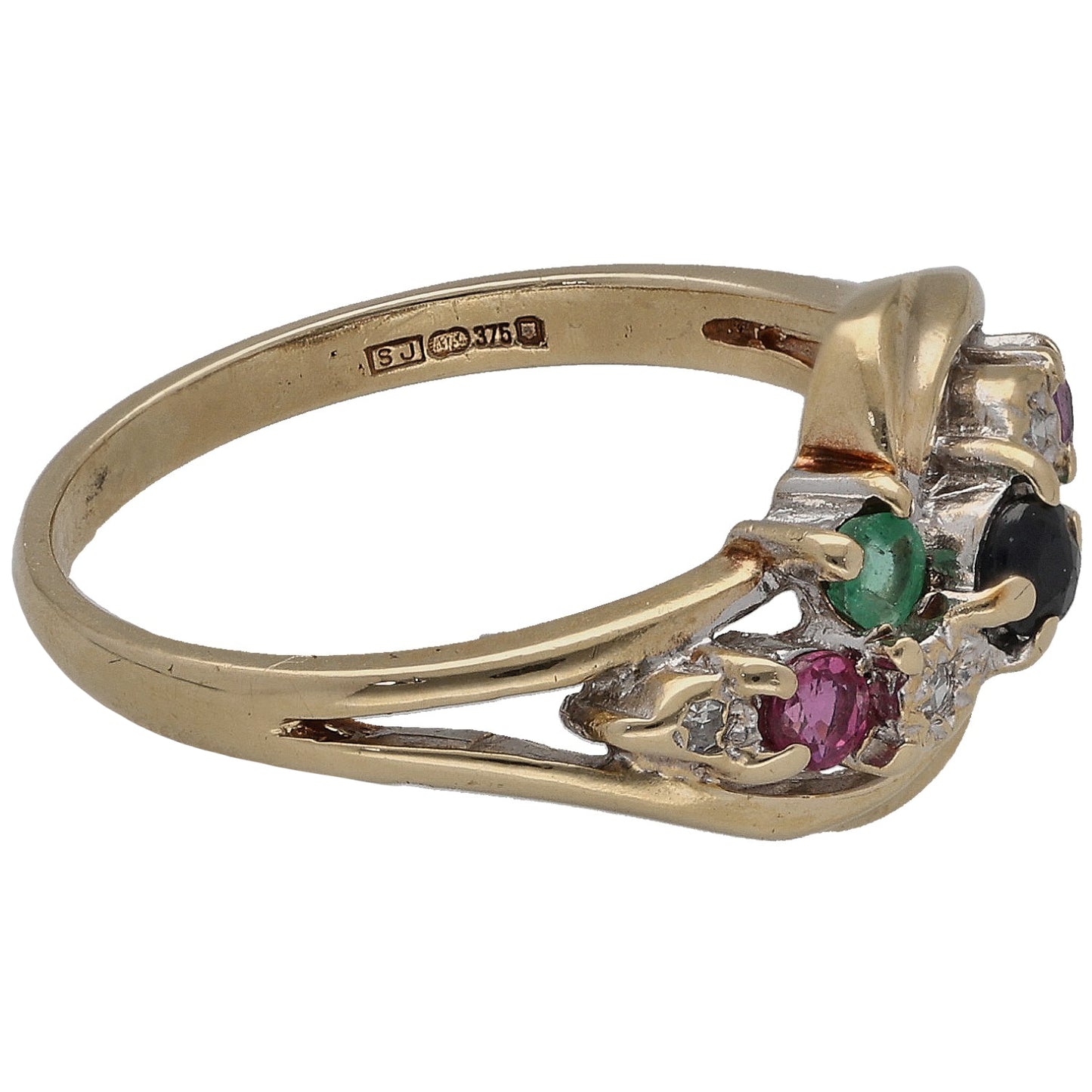 9ct Gold Sapphire, Emerald, Ruby & 0.02ct Diamond Dress/Cocktail Ring Size K