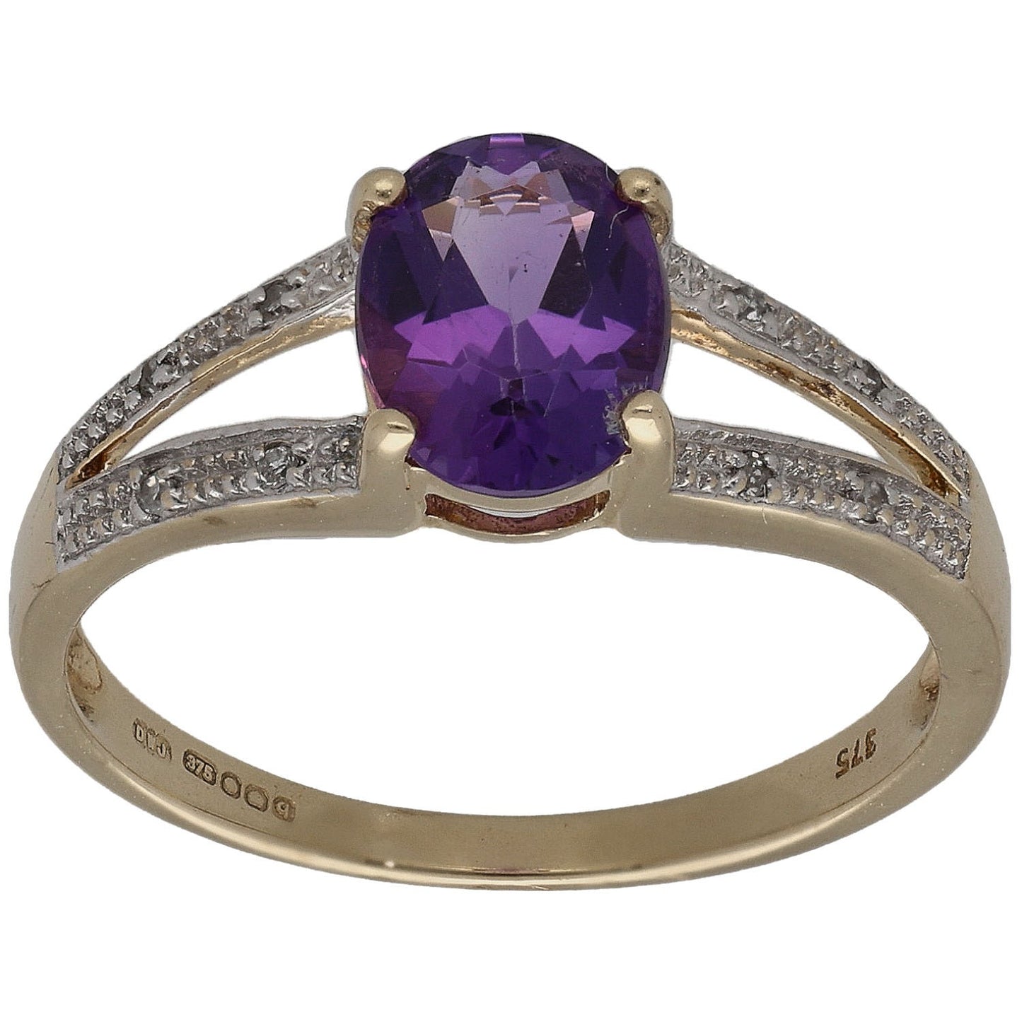 9ct Gold Amethyst & 0.04ct Diamond Single Stone Ring With Accents Size N