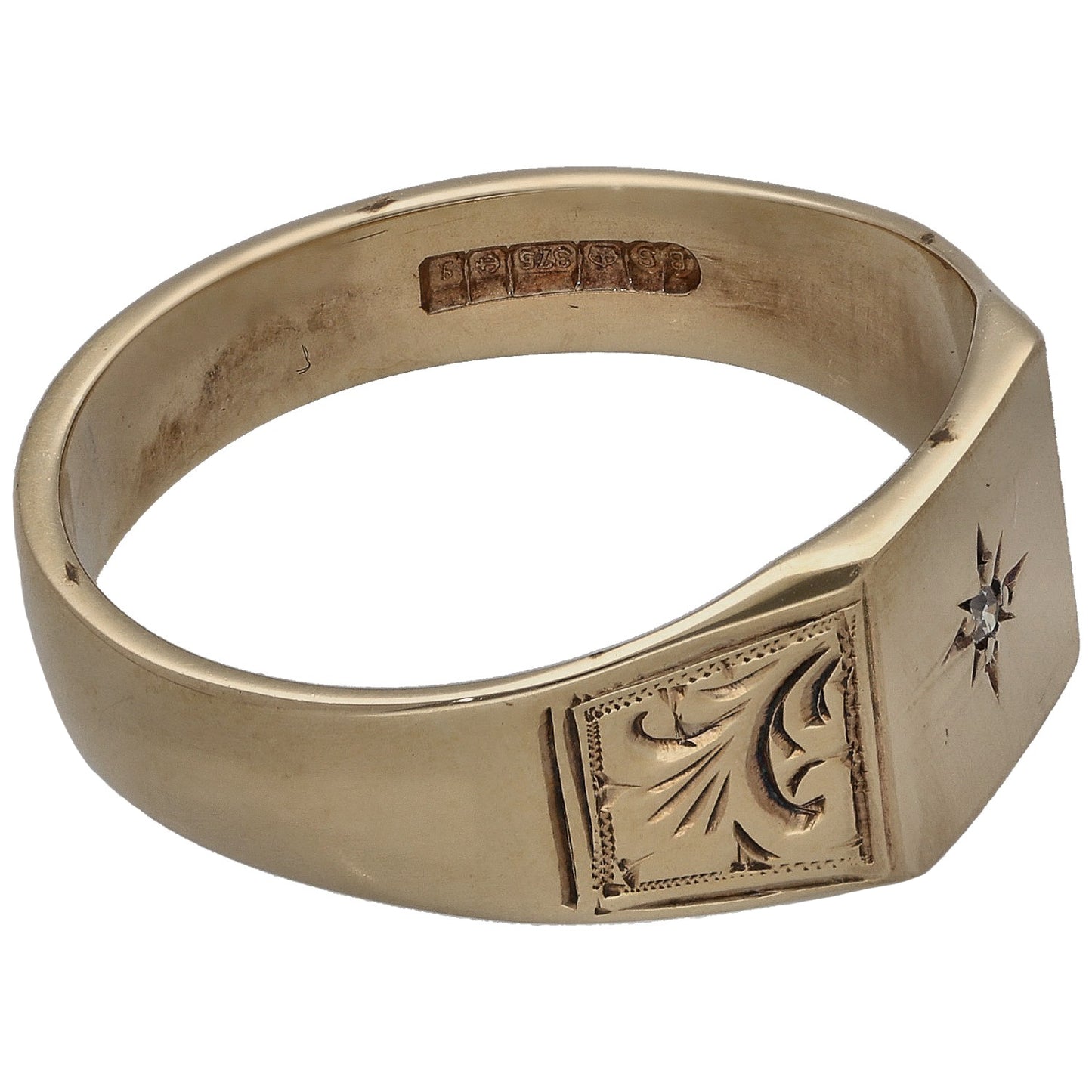 9ct Gold 0.005ct Diamond Patterned Single Stone Signet Ring Size U